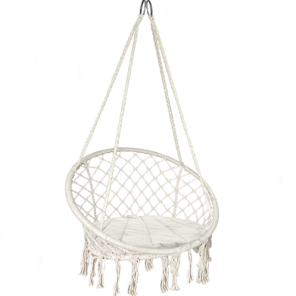 VOUNOT Swing Chair with Round Seat Cushion, Macrame Hammock Hanging Chair for Indoor, Outdoor, Beige