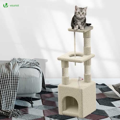 Vounot VOUNOT Cat Tree 88cm with Rope Scratching Platform, Beige 2