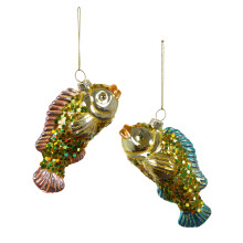 2 Christmas Baubles 115mm Glass Fish Pink & Blue w Gold G221198