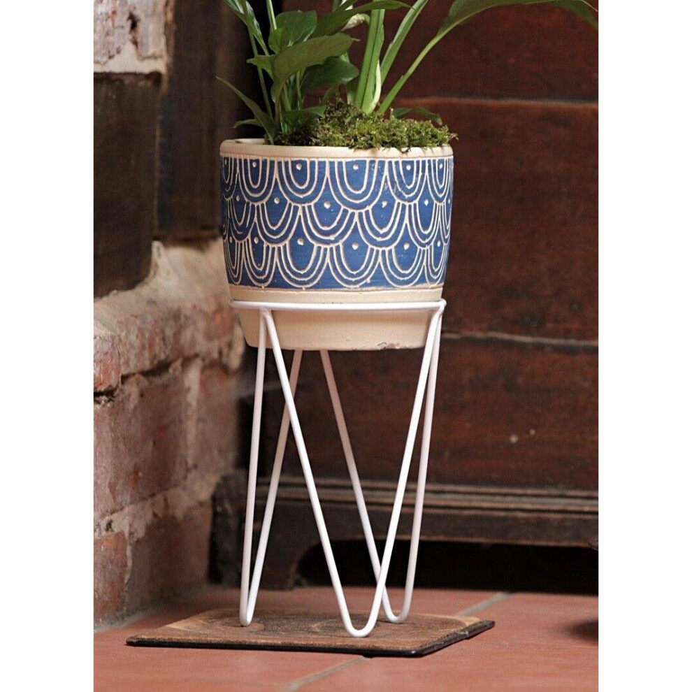 (Blue) Planter Pot Sgrafitto With Wire Stand For Indoor Home Decoration