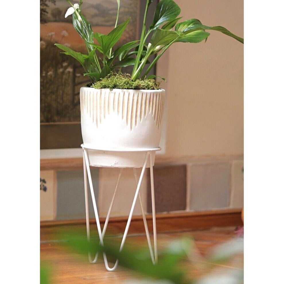 (White) Planter Pot Sgrafitto With Wire Stand For Indoor Home Decoration