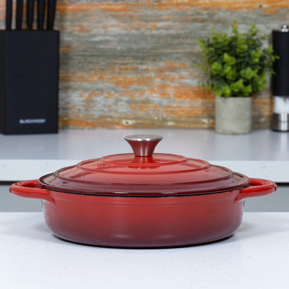 (Red) Blackmoor 28cm Cast Iron Shallow Casserole Dish & Lid