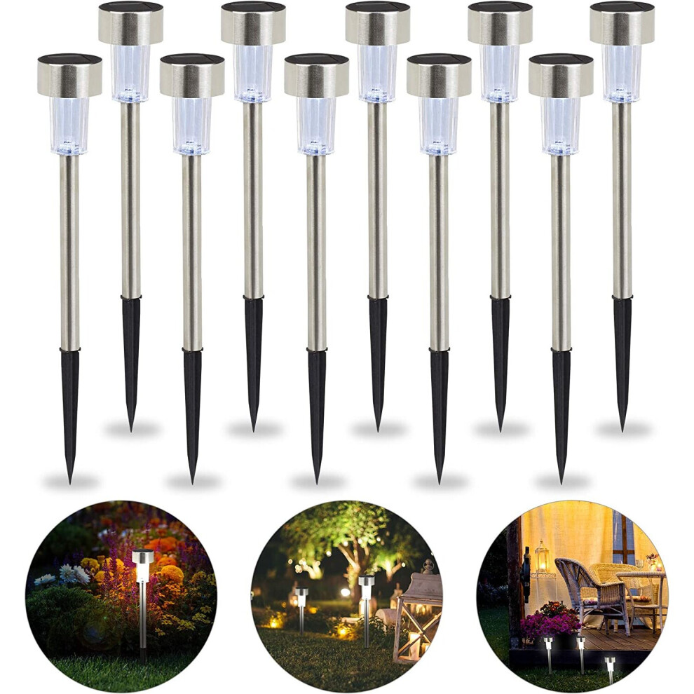 Relaxdays Solar Lights Set of 10, Waterproof LED Pathway Lights, Garden & Balcony, White Light, Stainless Steel, Silver