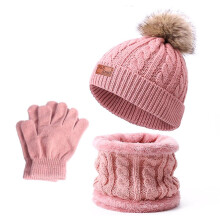 (Dark Pink) 3pcs Kids Winter Hat Gloves Scarf Set Baby Warm Fleece Lined Knitted Hat Set