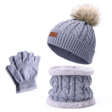 (Gray) 3pcs Kids Winter Hat Gloves Scarf Set Baby Warm Fleece Lined Knitted Hat Set