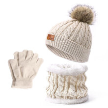 (Beige) 3pcs Kids Winter Hat Gloves Scarf Set Baby Warm Fleece Lined Knitted Hat Set