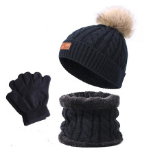 (Black) 3pcs Kids Winter Hat Gloves Scarf Set Baby Warm Fleece Lined Knitted Hat Set