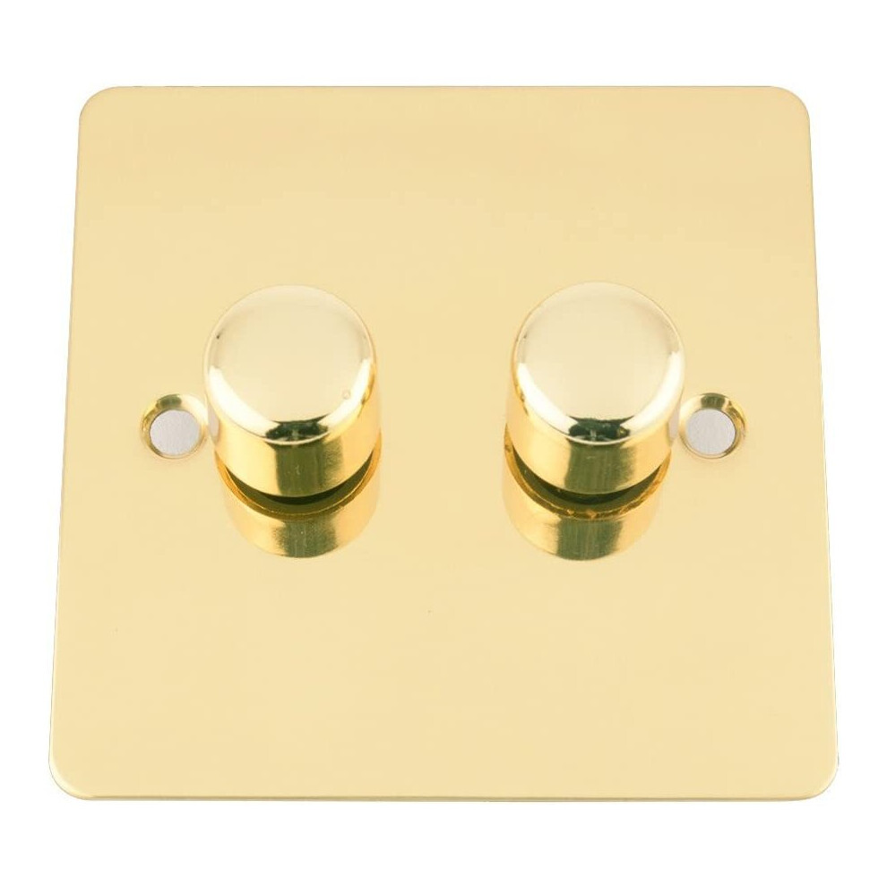 A5 Mains Led Light Dimmer Switch 250W 2 Gang 2 Way - Polished Brass - Flat Plate 639713752496