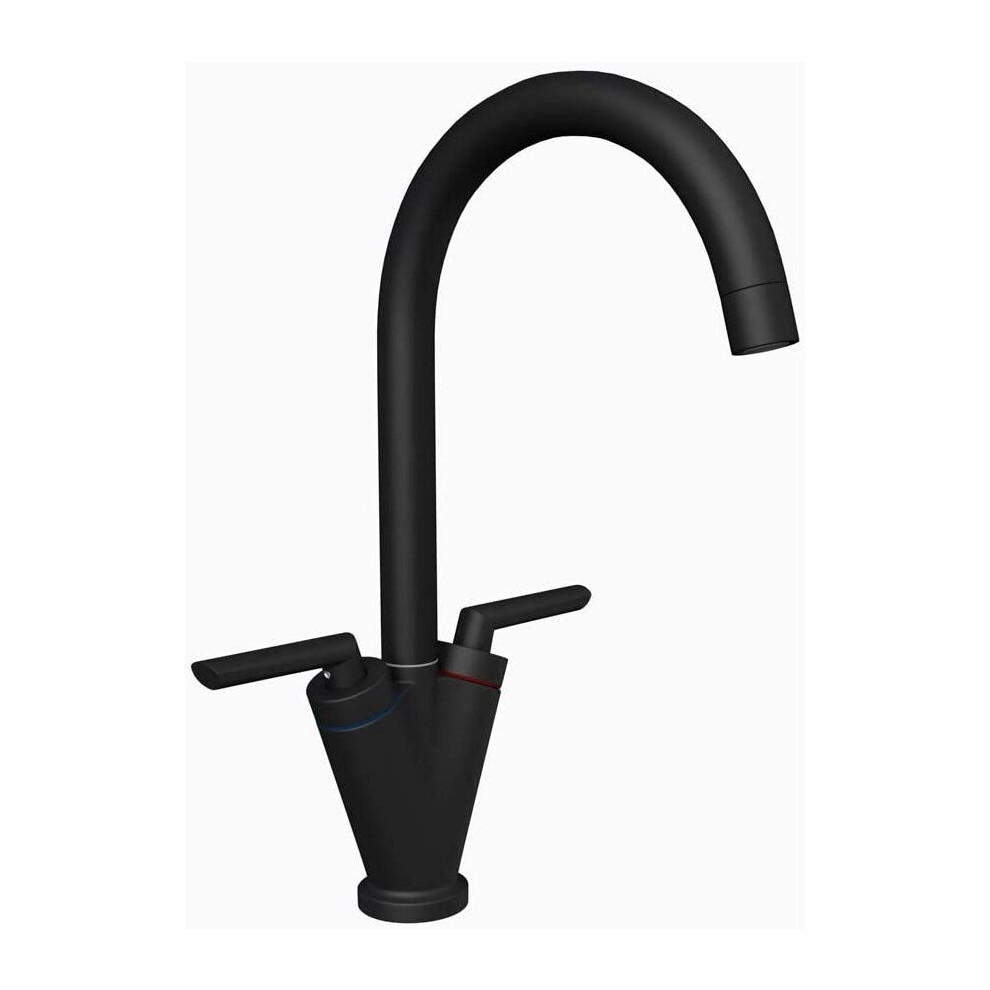 Double Lever Black Kitchen Tap Sink Mixer Monobloc 360 Degrees V Shape Swivel Spout