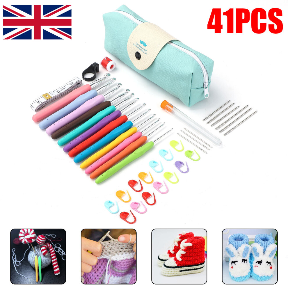 41 Set Crochet Hook Yarn Ergonomic Grip Bag Kit Needle Sewing Tool