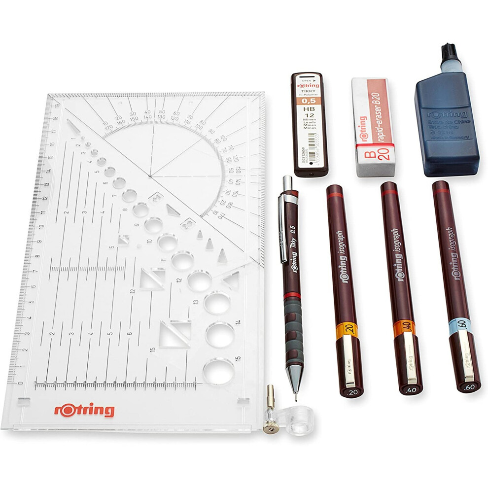 Rotring Isograph College Set 3X Technical Pens (0.20mm, 0.40mm, 0.60mm), 1x Tikky Pencil + Accessories, Red