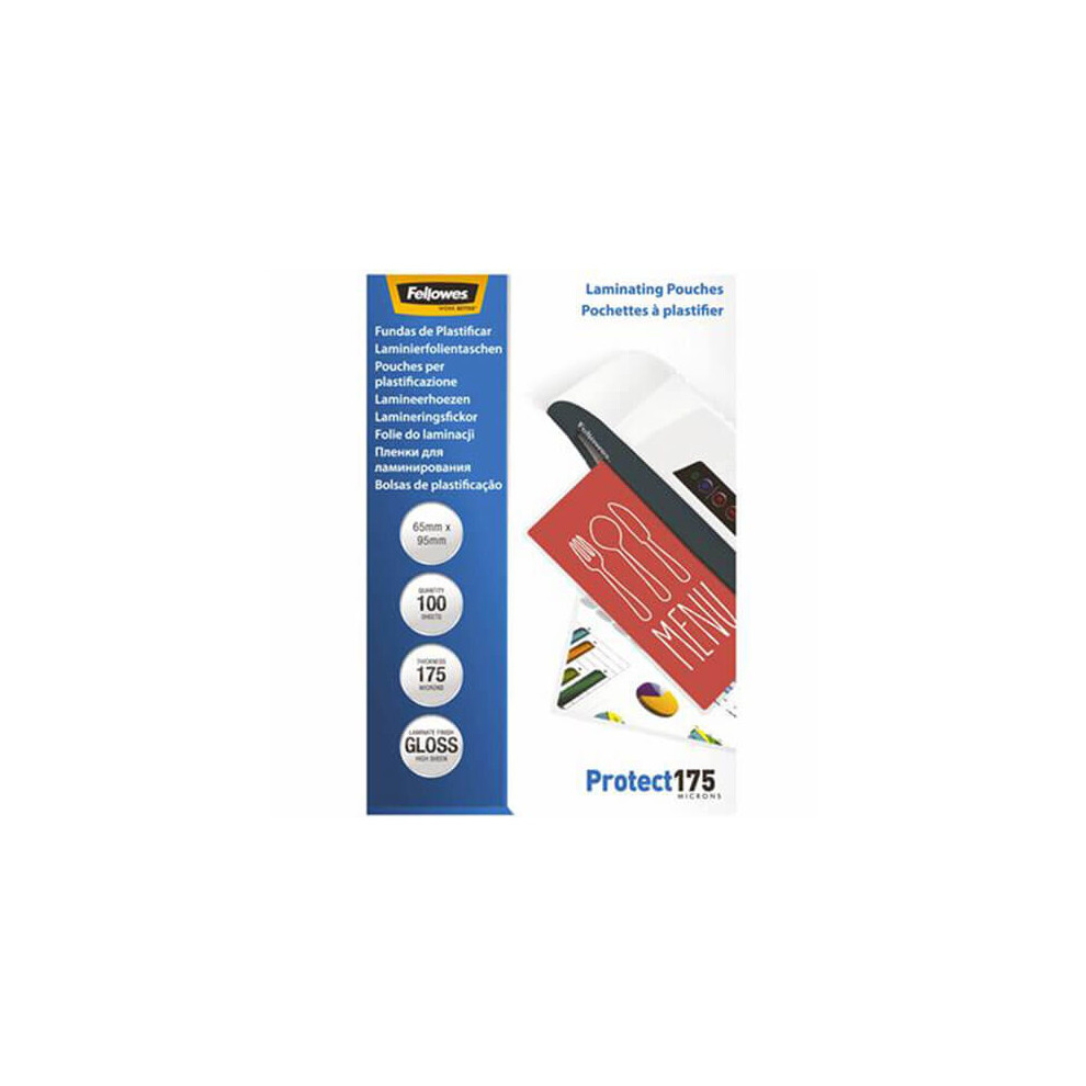 (65x95mm) Fellowes Laminating Pouches 175 micron (100pk)