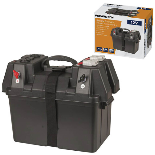 Powertech Battery Box with Voltmeter 2x USB Charger and Anderson Plugs
