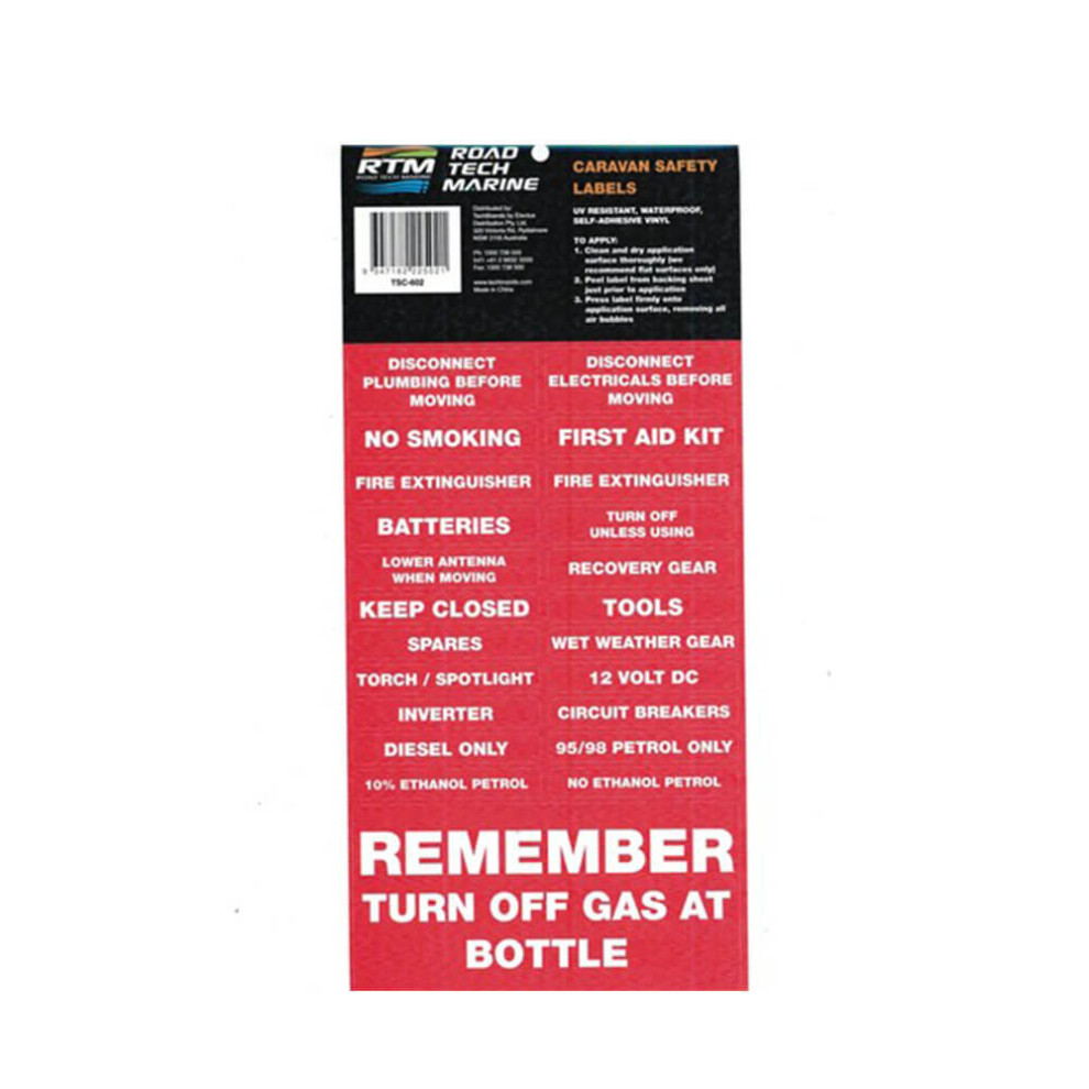 Road Tech Rtm Caravan Safety Labels (Red) Red 9347182225021
