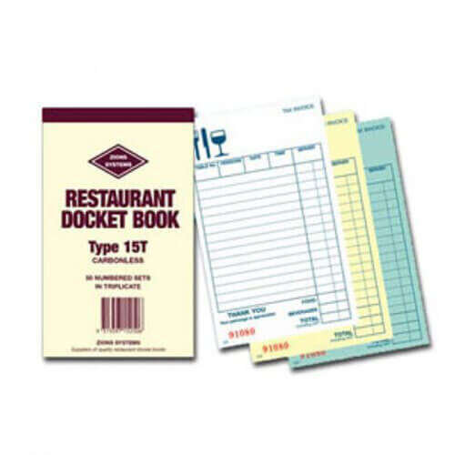 Zions Carbonless Triplicate Restaurant Docket Book (15 line)