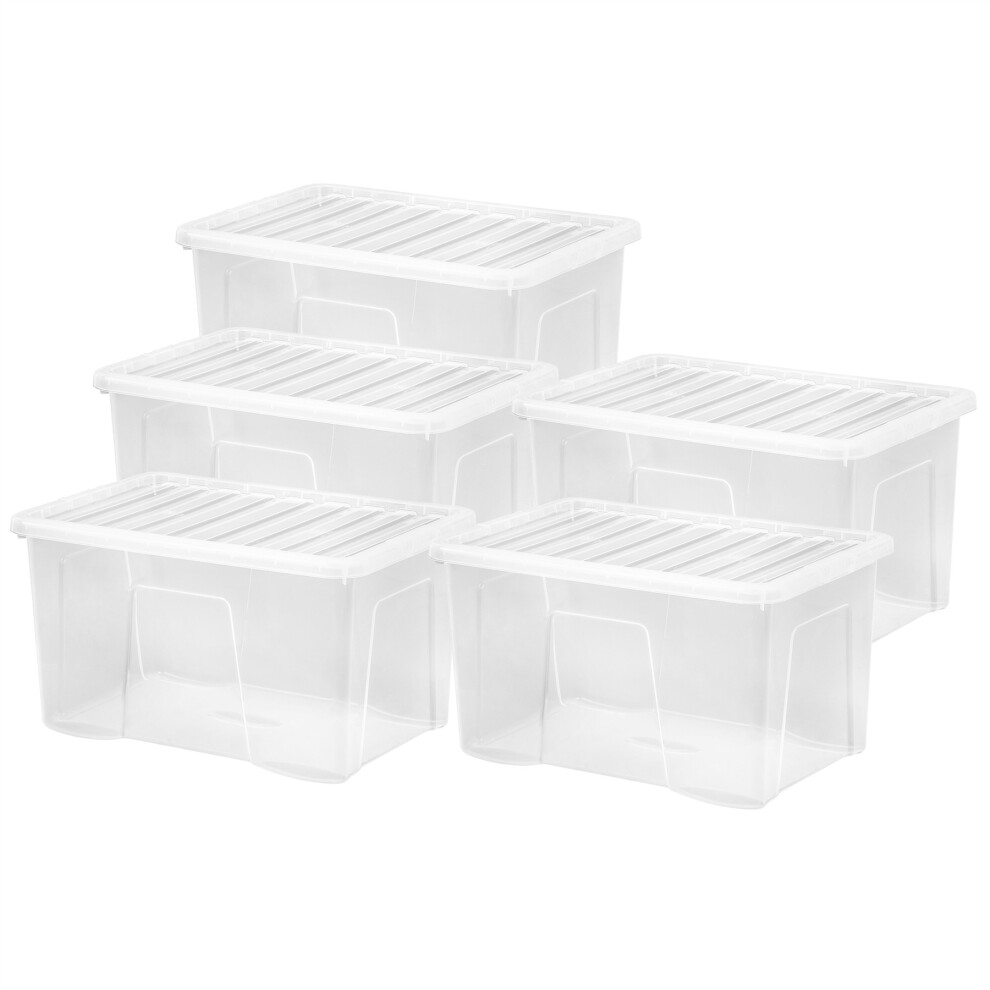 (5 Pack 60L Box) Wham Plastic Storage Shelf Box Stackable Containers Clear With Secure Clip Lid