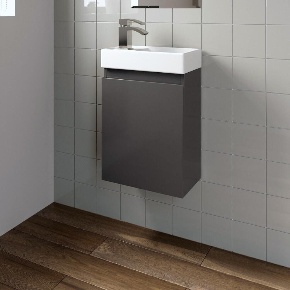 Gloss Wall Mounted 400Mm Slimline Vanity Unit Basin Sink Cloakroom Bathroom Grey