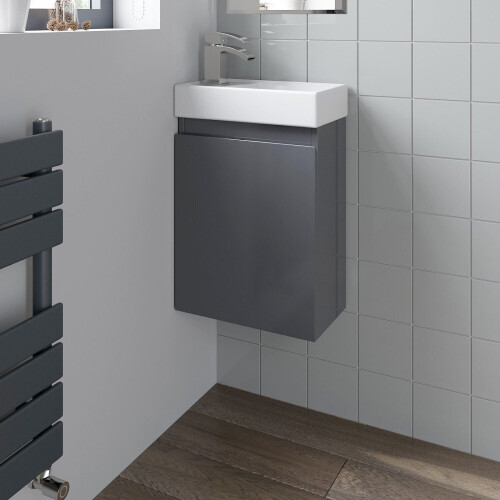 Gloss Grey Wall Mounted 400mm Slimline Vanity Unit Basin Sink Cloakroom Bathroom 1