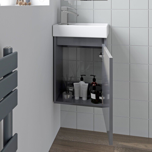 Gloss Grey Wall Mounted 400mm Slimline Vanity Unit Basin Sink Cloakroom Bathroom 2