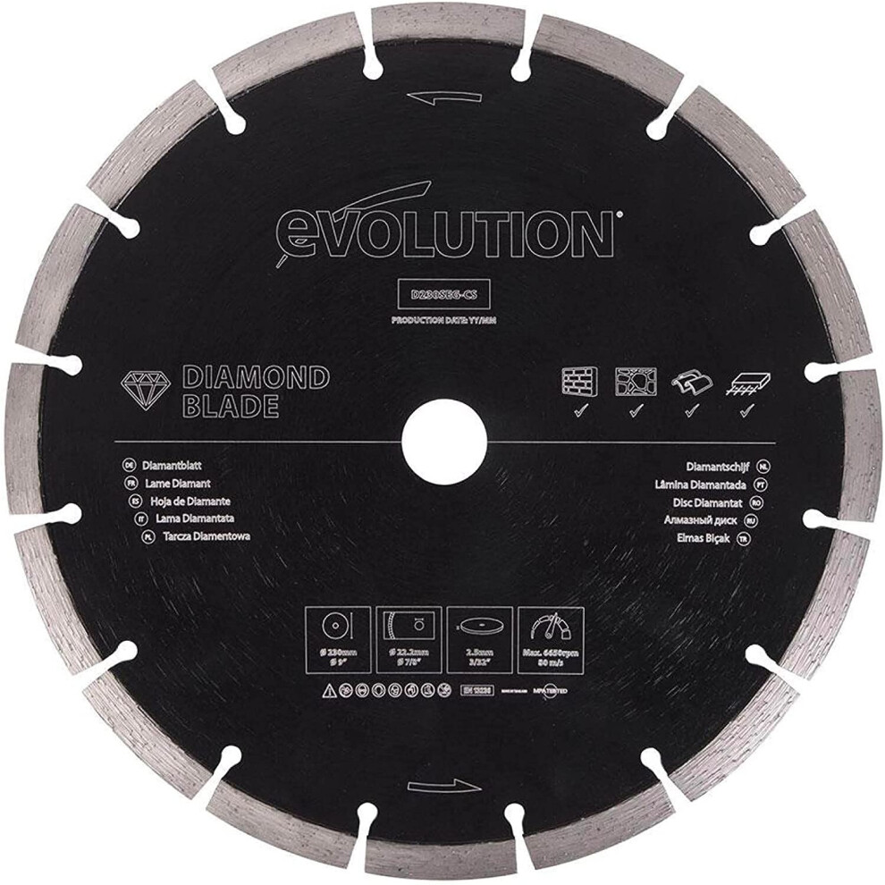 Evolution (D230SEG-CS) - 230 Mm Diamond Blade For Disc Cutters - Segmented Edge For Cutting Masonry, Such As Brick, Reinforced Concrete And Stone