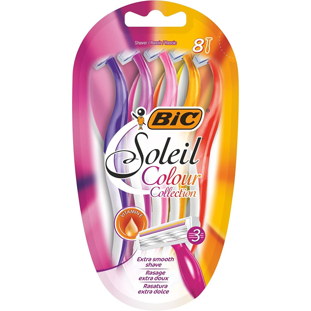 BIC Miss Soleil Colour Collection 3-Blade Razors for Women with Easy Grip Handle and Lubricating Strips, Pack of 8