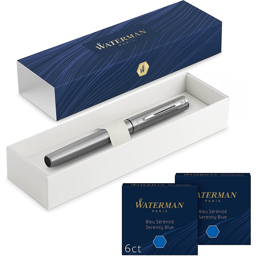 Waterman Allure Fountain Pen | Chrome | Fine Nib | with 12 Short Blue Ink Cartridges | Gift Box