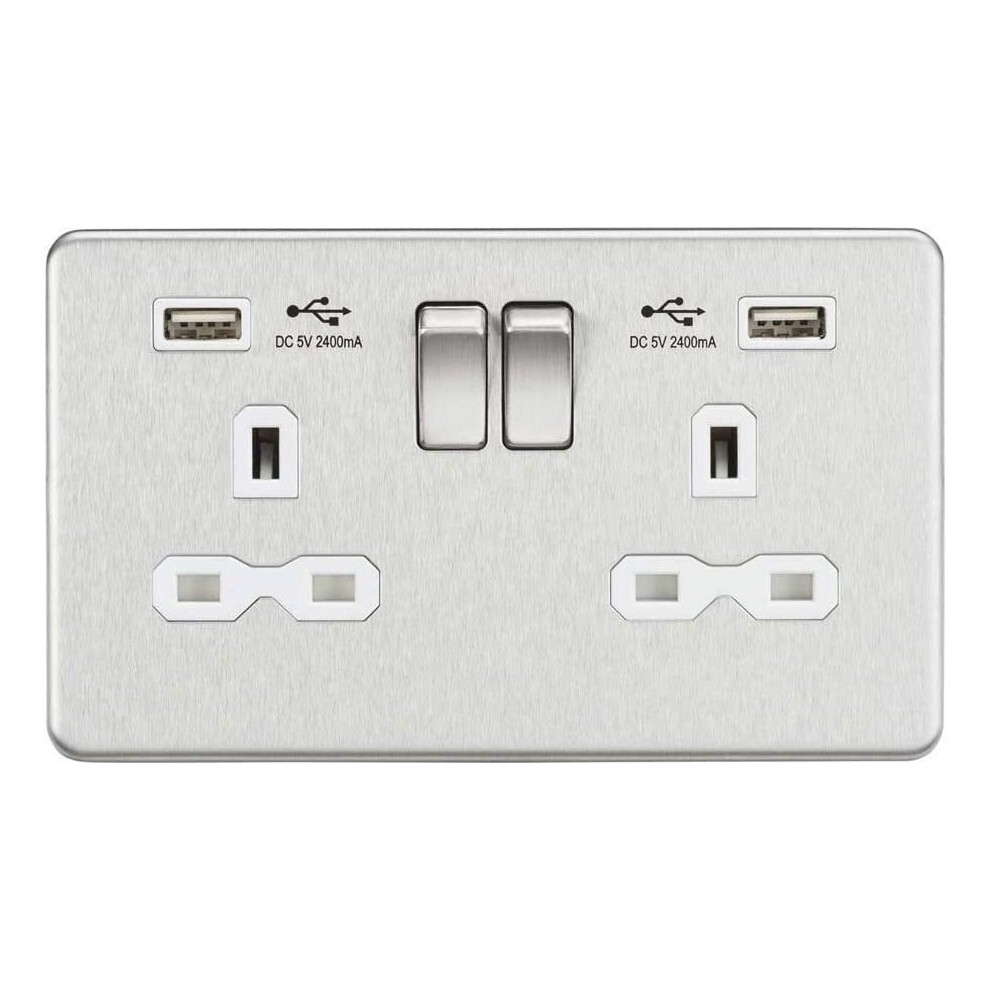 Knightsbridge Sfr9224bcw 2G Switched Socket With 2.4 A Dual Usb Charger, Brushed Chrome With White Insert, 13 A 5055832989318