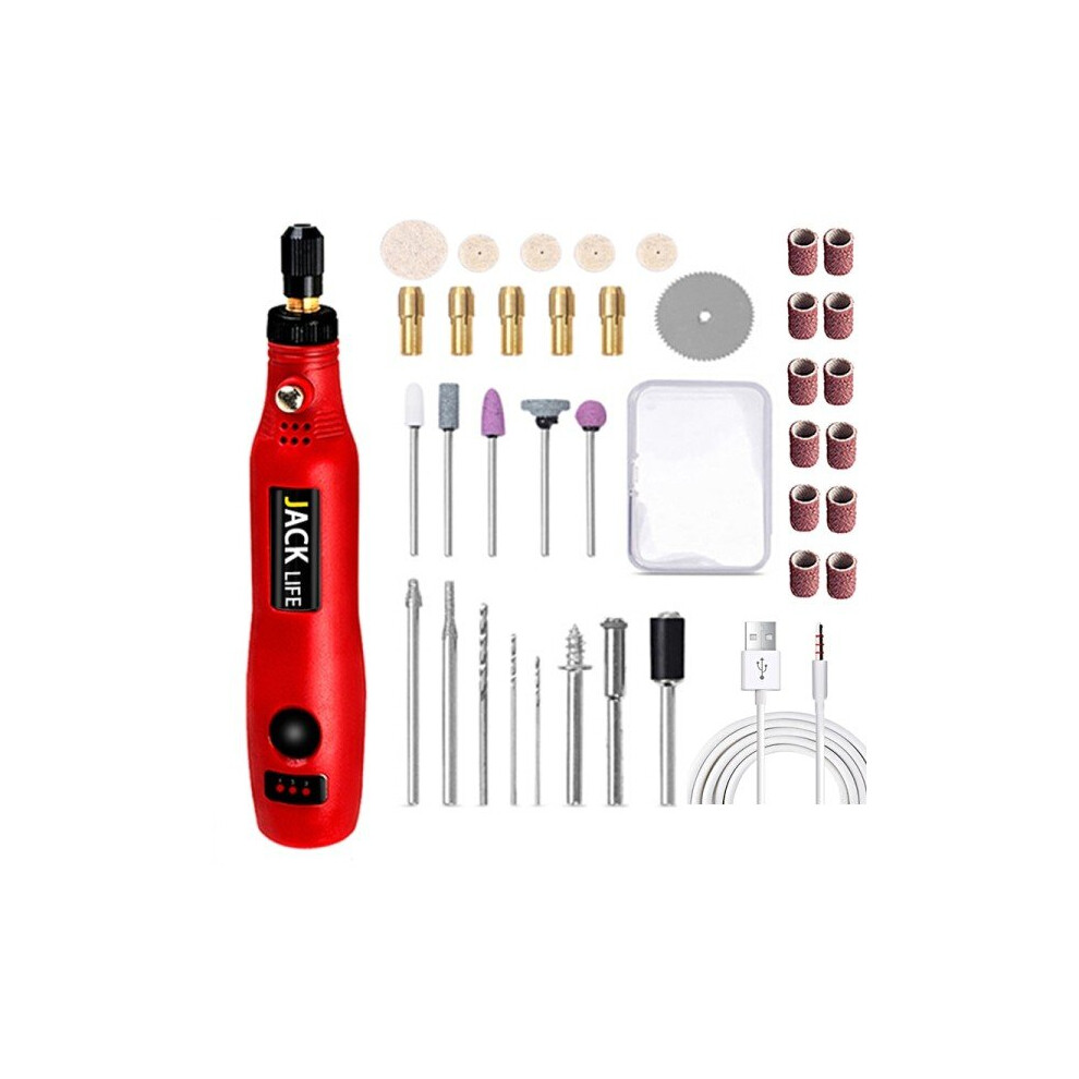 (Red) USB Cordless Rotary Tool Kit Woodworking Engraving Pen DIY For Jewelry Metal Glass Mini Wireless Drill