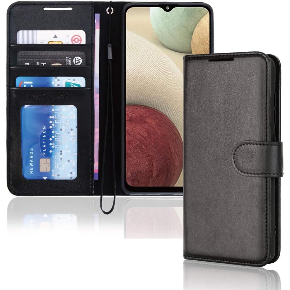 Techgear Galaxy A12 Leather Wallet Case, Flip Protective Case Cover With Wallet Card Holder, Stand And Wrist Strap - Black Pu Leather With Magnetic