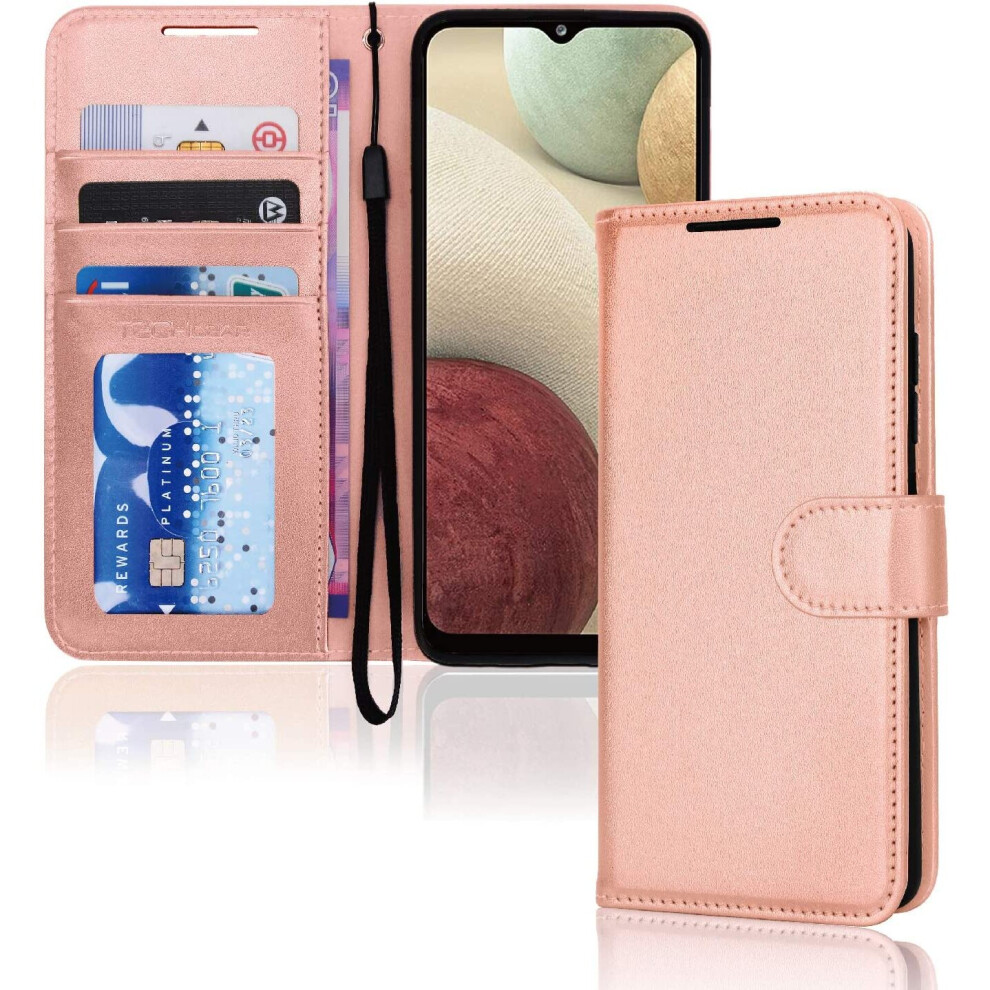 TECHGEAR Galaxy A12 Leather Wallet Case, Flip Protective Case Cover with Wallet Card Holder, Stand and Wrist Strap - Rose Gold PU Leather with