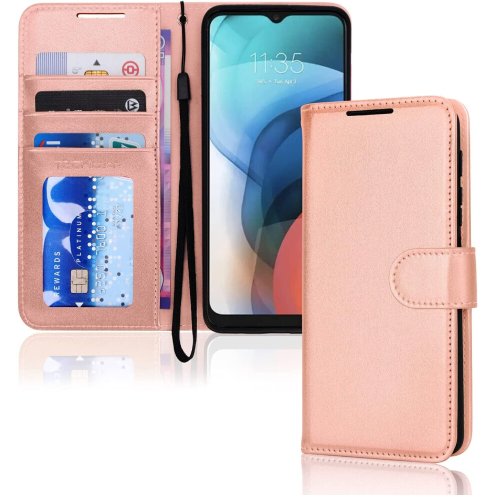 TECHGEAR Moto E7i Power Leather Wallet Case, Flip Protective Case Cover with Wallet Card Holder, Stand & Wrist Strap, Rose Gold PU Leather with