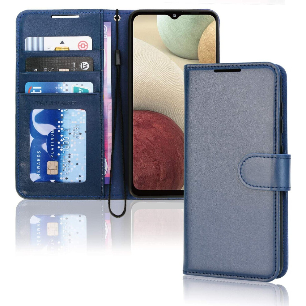 TECHGEAR Galaxy A12 Leather Wallet Case, Flip Protective Case Cover with Wallet Card Holder, Stand and Wrist Strap - Navy Blue PU Leather with