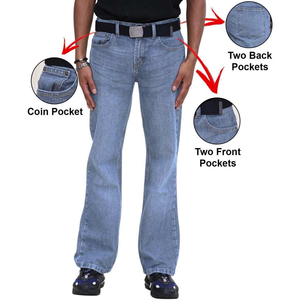 True Face (Stone Wash, 36W / 34L) Mens Jeans Regular Pants With Free Belt Blue