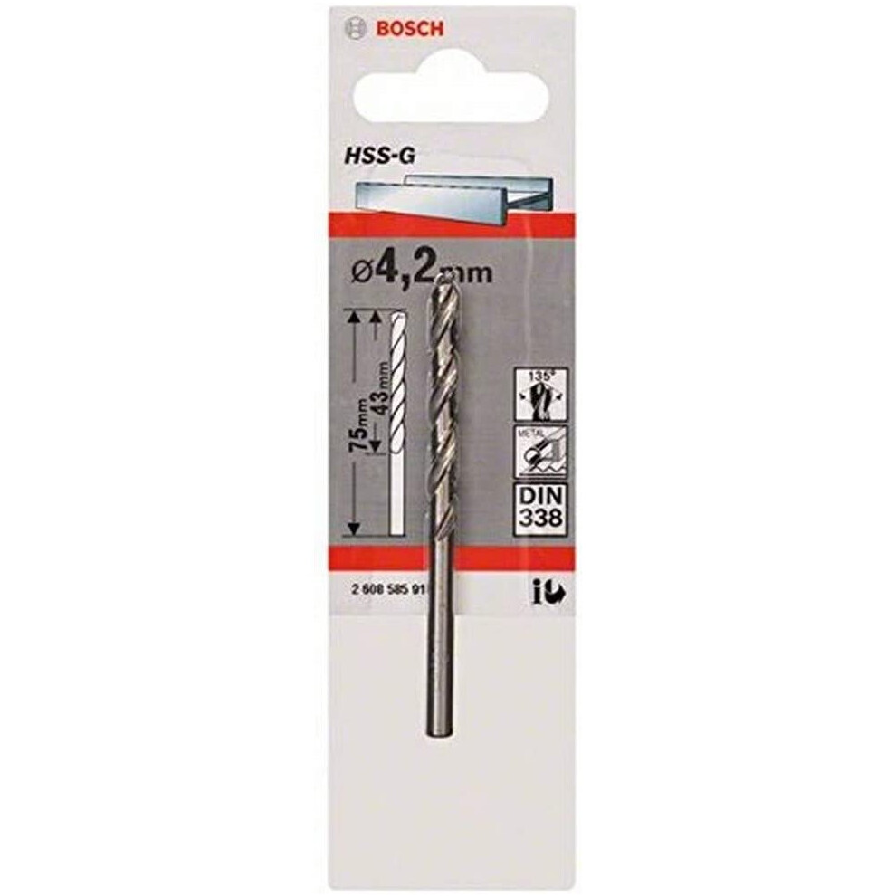 Bosch 2608585918 Din338 HSS-G Metal Drill Bit, 4.2mm x 43mm x 75mm, Silver