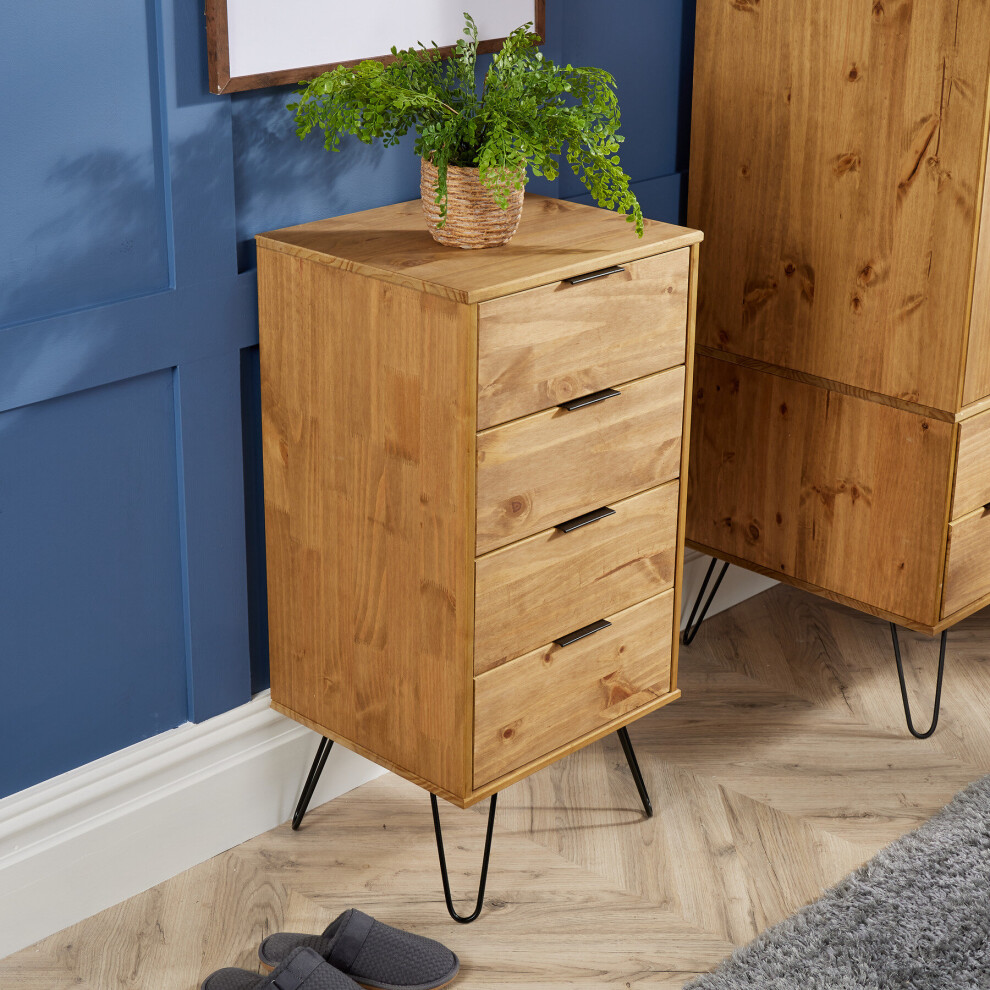 Industrial Wood Chest of 4 Drawers Narrow Cabinet Organiser Bedroom Storage Unit