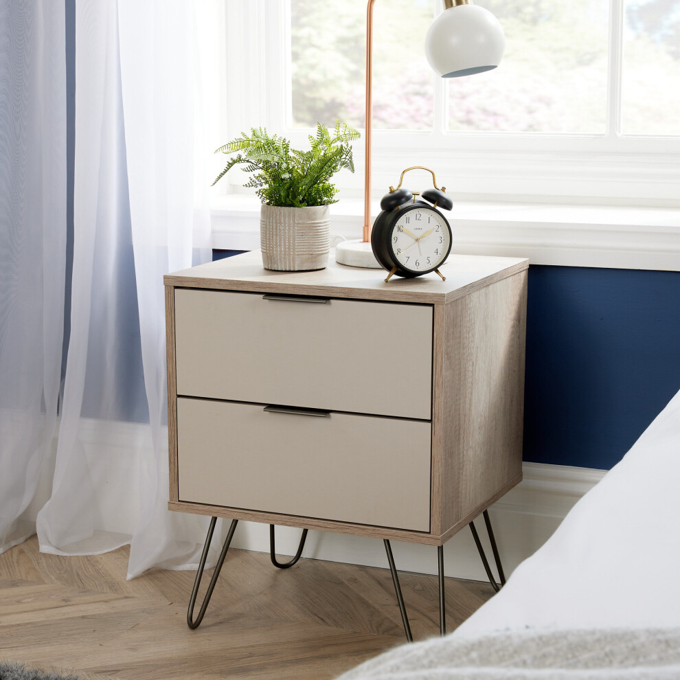 2 Drawer Bedside Cabinet Lamp Side Table Driftwood Calico Finish Steel Grey Legs