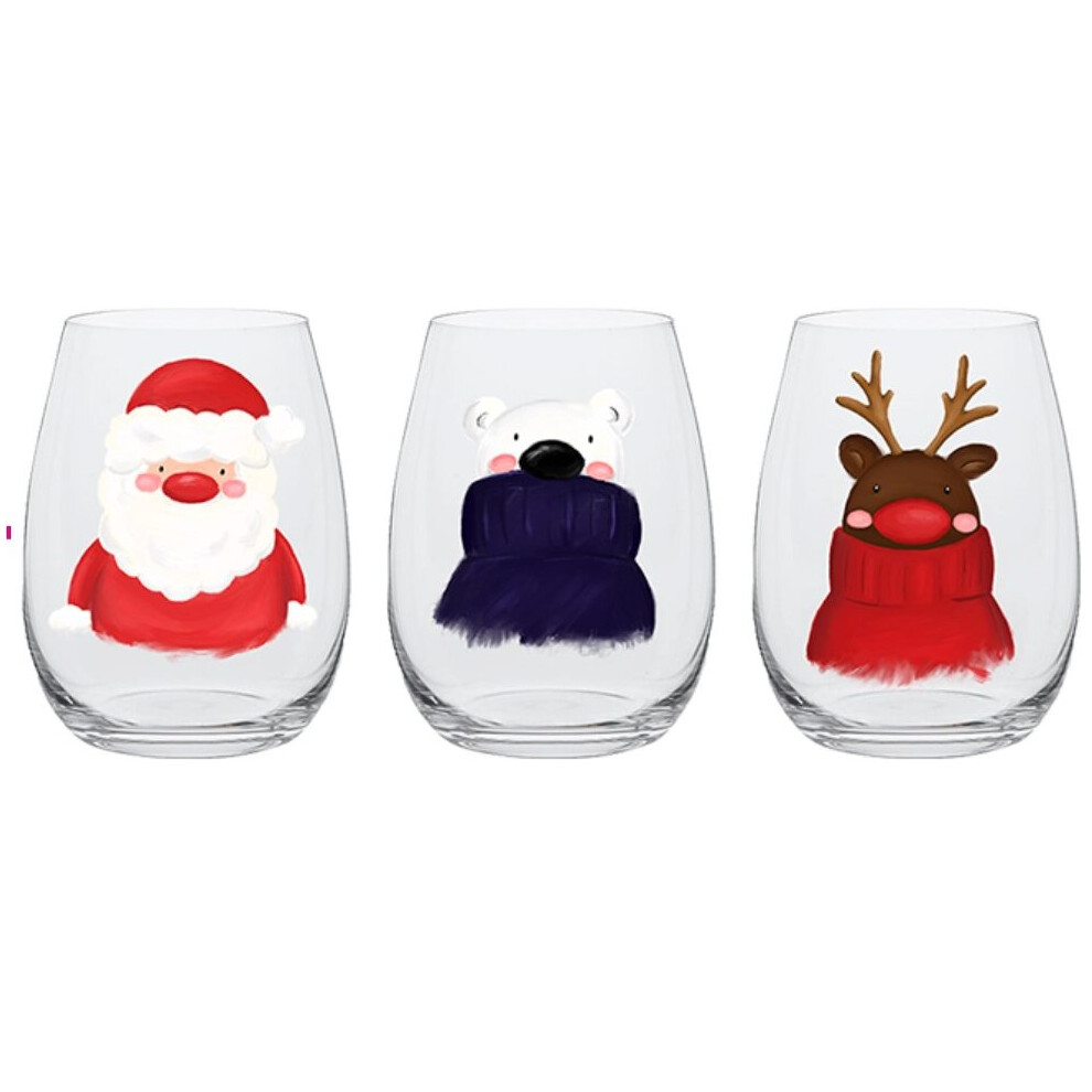 3 Christmas Glasses Drinking Tumbler Glass Printed Reindeer Santa Polar Bear Gif