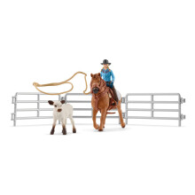 Schleich Farm World Rodeo Roping Playset - Cowgirl Rodeo Rider Figurine with Cow Pen and Rope Realistic Western Rodeo Farm Toys and Accessorie