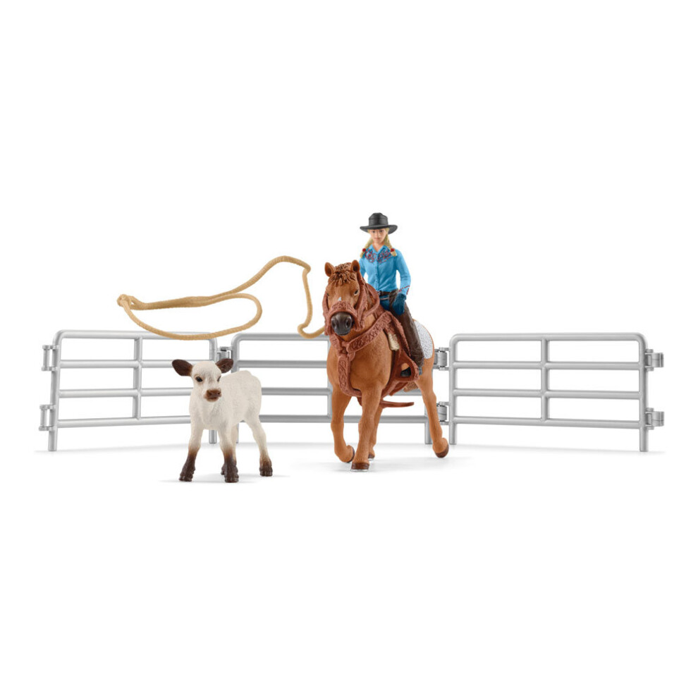 Schleich Farm World Rodeo Roping Playset - Cowgirl Rodeo Rider Figurine With Cow Pen And Rope Realistic Western Rodeo Farm Toys And Accessorie