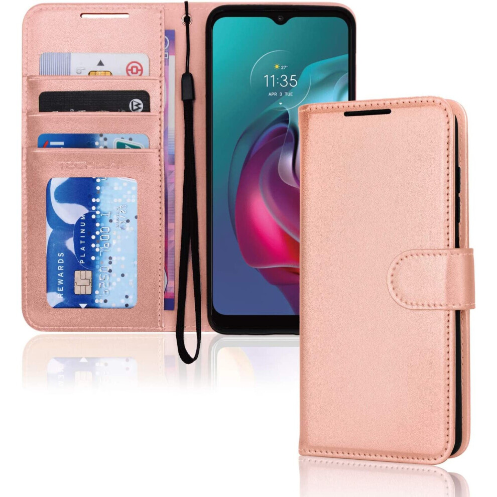 TECHGEAR Moto G30 / G10 Leather Wallet Case, Flip Protective Case Cover with Wallet Card Holder, Stand & Wrist Strap, Rose Gold PU Leather with