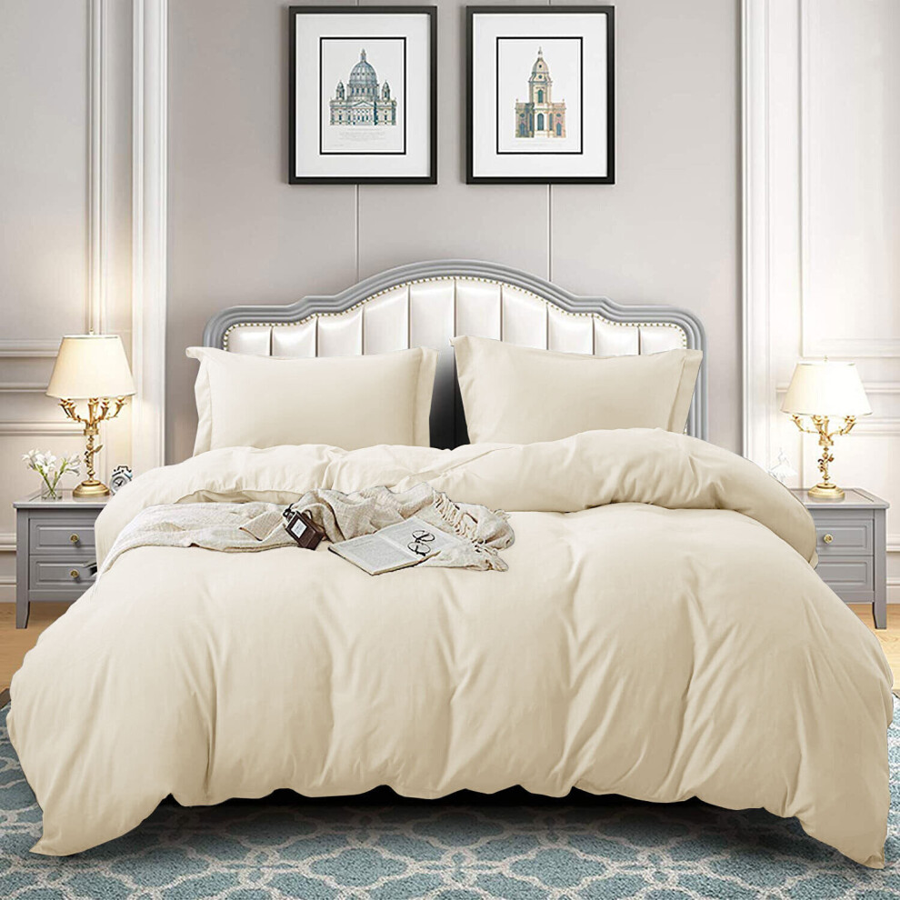 Oxford Homeware (King: (230 X 220) Cm, ) Duvet Quilt Cover Bedding Set Plain With Pillowcases Pair Cream