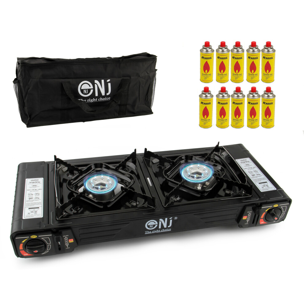 (No. of Gas Canisters: 10) NJ DS-22 Double Burner Camping Gas Stove Outdoor