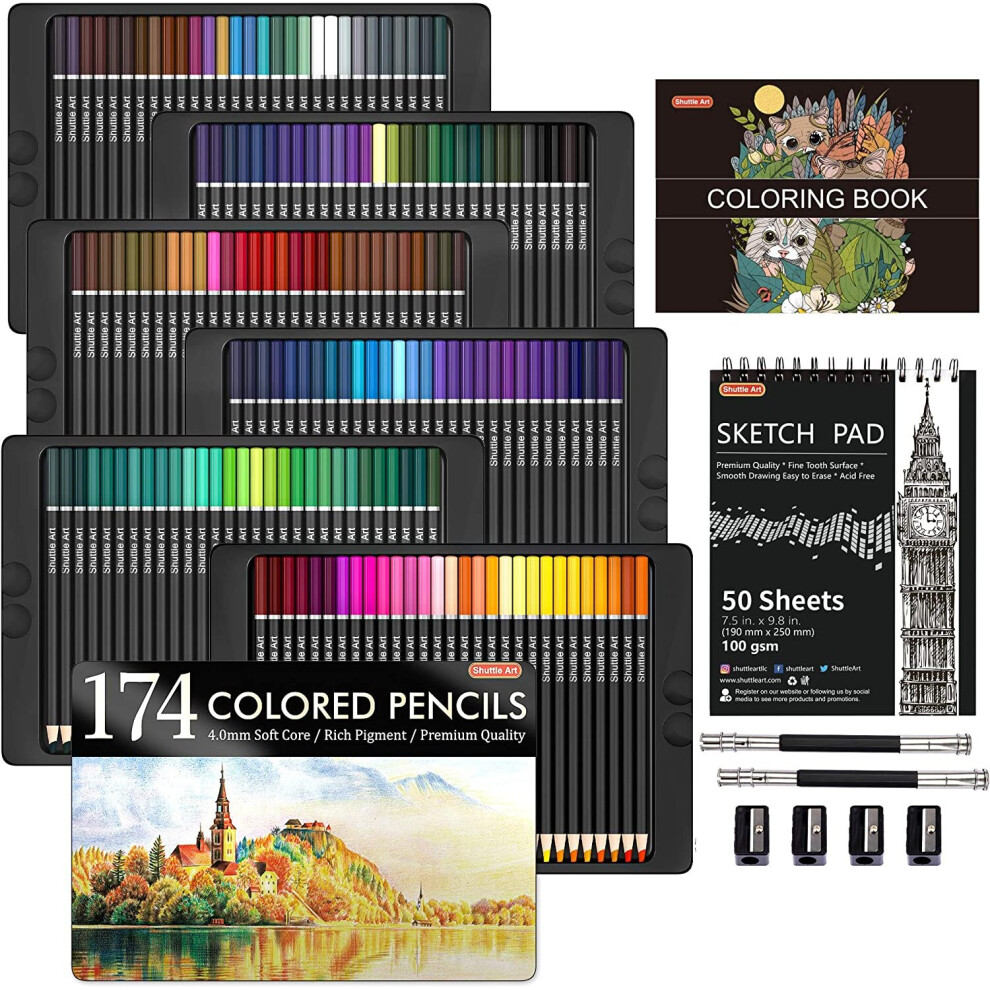 174 Colours Professional Colouring Pencils, Shuttle Art Soft Core Coloured Pencils Set with 1 Colouring Book,1 Sketch Pad, 4 Sharpener, 2 Pencil