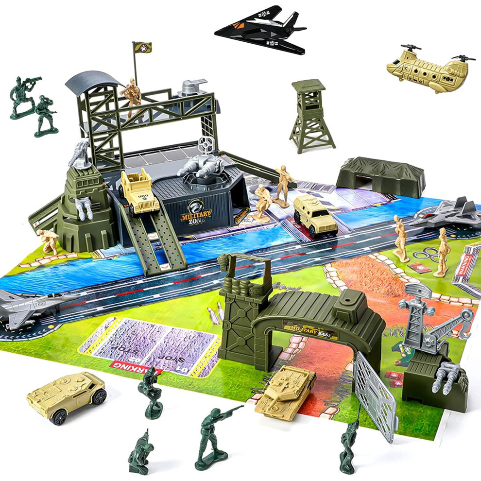 47 Pieces Military Base Set, Army Men Playset with Vehicles Accessories,Soldier Army Men and Play Map,Mini Army Toy Tank,Warplane,Helicopter Playset