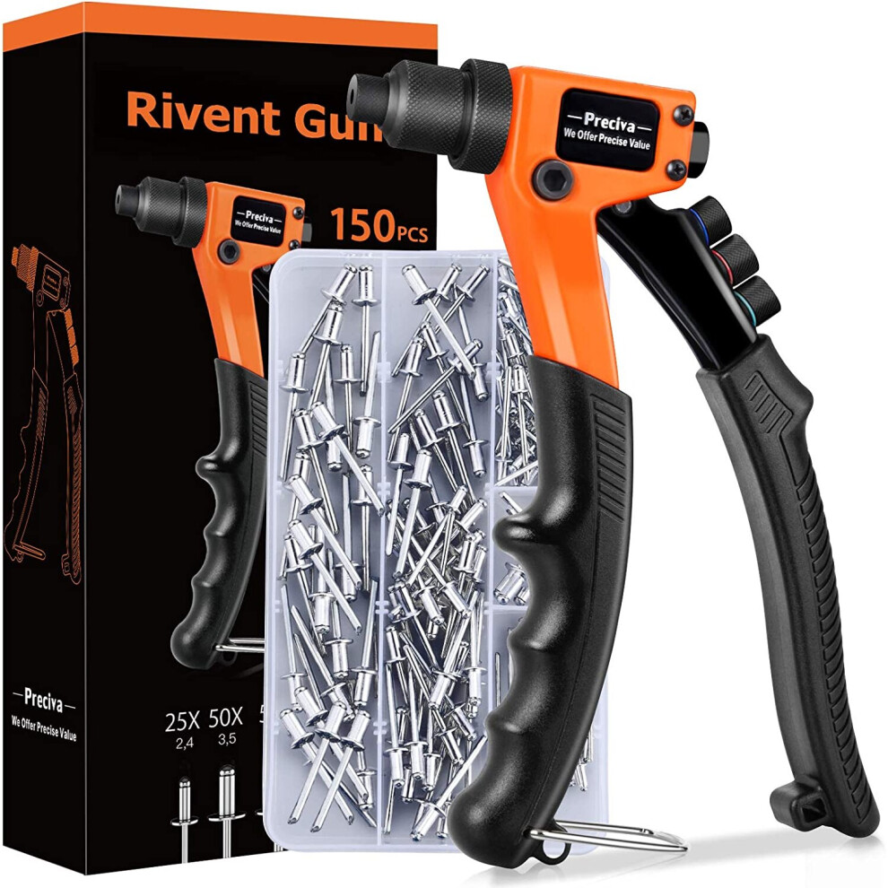 Preciva Rivet Gun Kit, Riveting Gun Tool, Hand Rivet Plier Kit, Heavy Duty Rivet Gun, Professional Pop Riveting Tool Kit with 150 Rivets 2.4mm 3.2mm