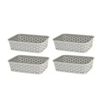 4 x Grey A6 Small Curver Nestable Plastic Rattan Storage Basket Tray
