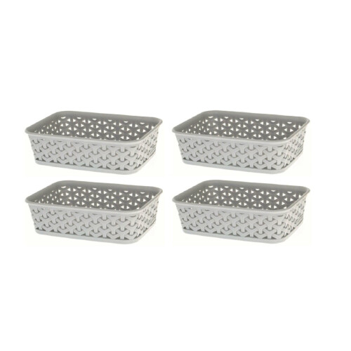Curver 4 x Grey A6 Small Curver Nestable Plastic Rattan Storage Basket Tray