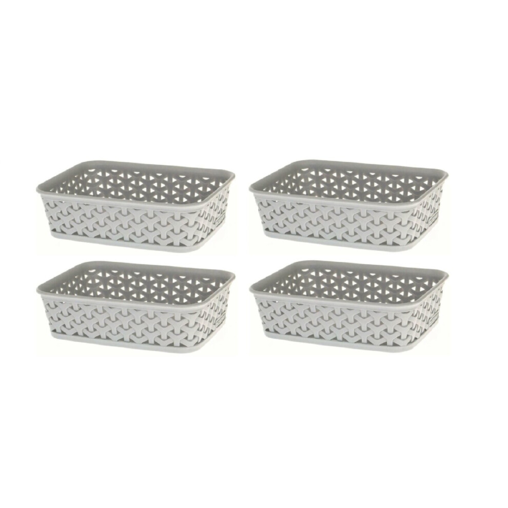 4 x Grey A6 Small Curver Nestable Plastic Rattan Storage Basket Tray