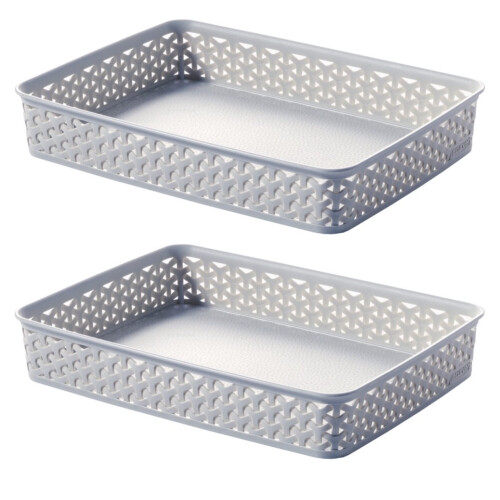Curver 2 x Grey A4 Paper Tray Curver Basket Plastic Rattan Desk Organiser