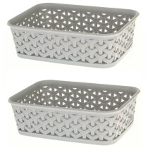 2 x Grey A6 Small Curver Nestable Plastic Rattan Storage Basket Tray